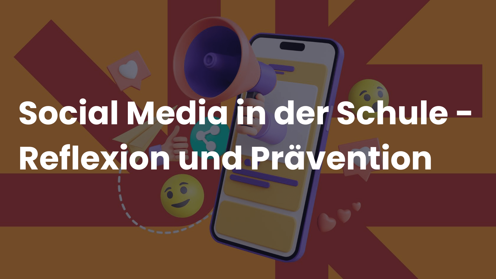 Ein Teaserbild mit einem Mobiltelefon und diversen Icons und Emojis für den Onlinekurs: Social Media in der Schule